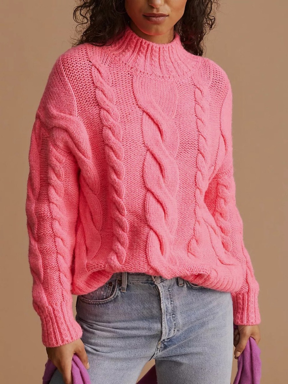Anthropology Cozy Cable Knit Mock Neck Sweater - Pink